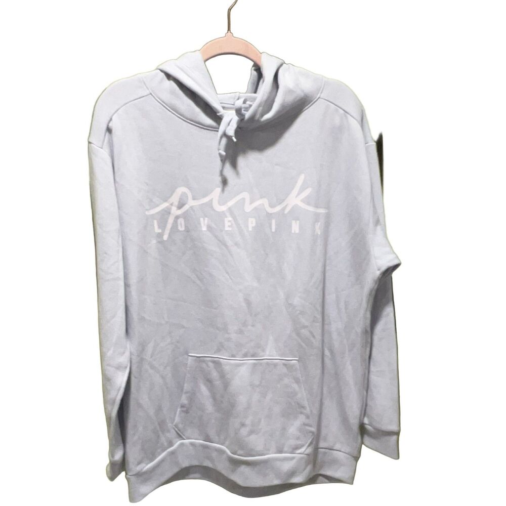 PINK LOVE PINK Women's Light Blue Fleece Pullover Hoodie L Drawstring